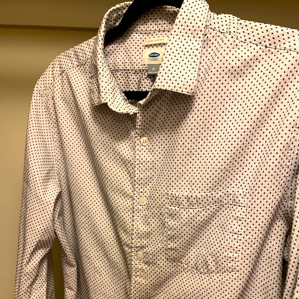White cross-stitched casual button down